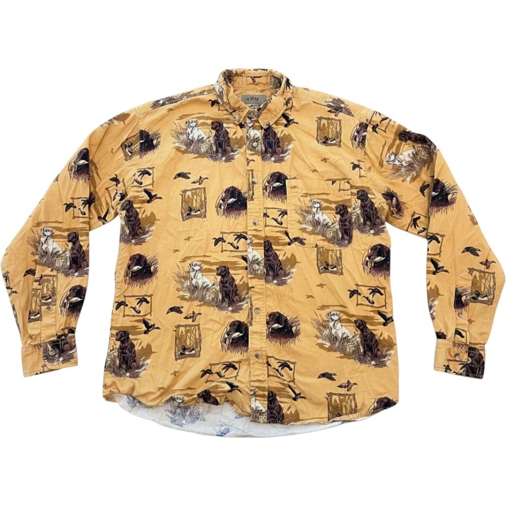 Outdoor Life‎ Field Tested Mens Large Goldenrod Hunting Dog Duck Print Shirt L